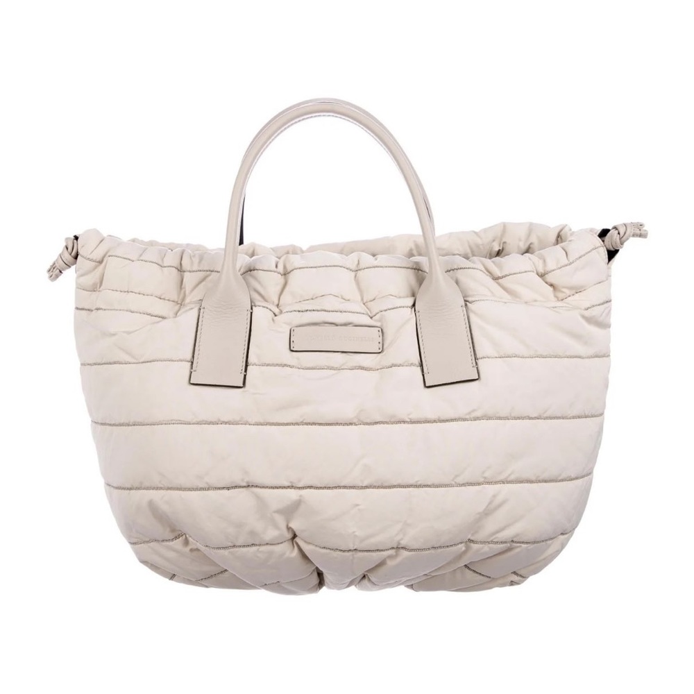 Brunello Cucinelli Nylon Tote Bag, Ivory with Silver thread stripes